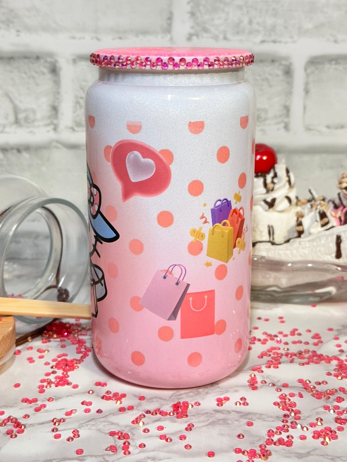 Kitty Shopping | Ombre Pink and White | 16oz Glass Can Cup